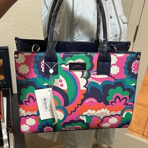 Trina Turk Floral Cloud Tote Top Handle Satchel Bag Blue Pink Bold Maximalist - Picture 16 of 16